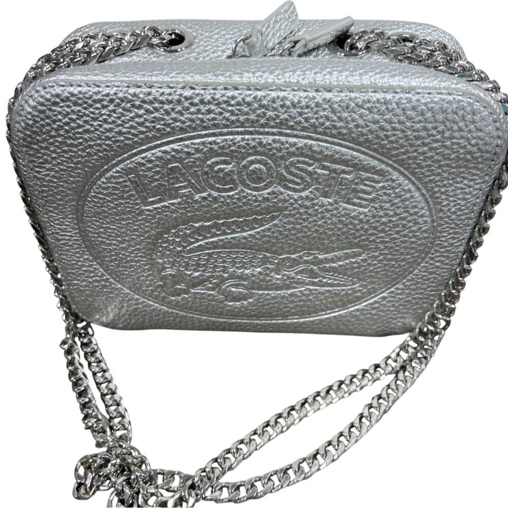 LACOSTE Croco Crew Silver Leather Bag with 2-way Chain Strap NF3245NJ EUC